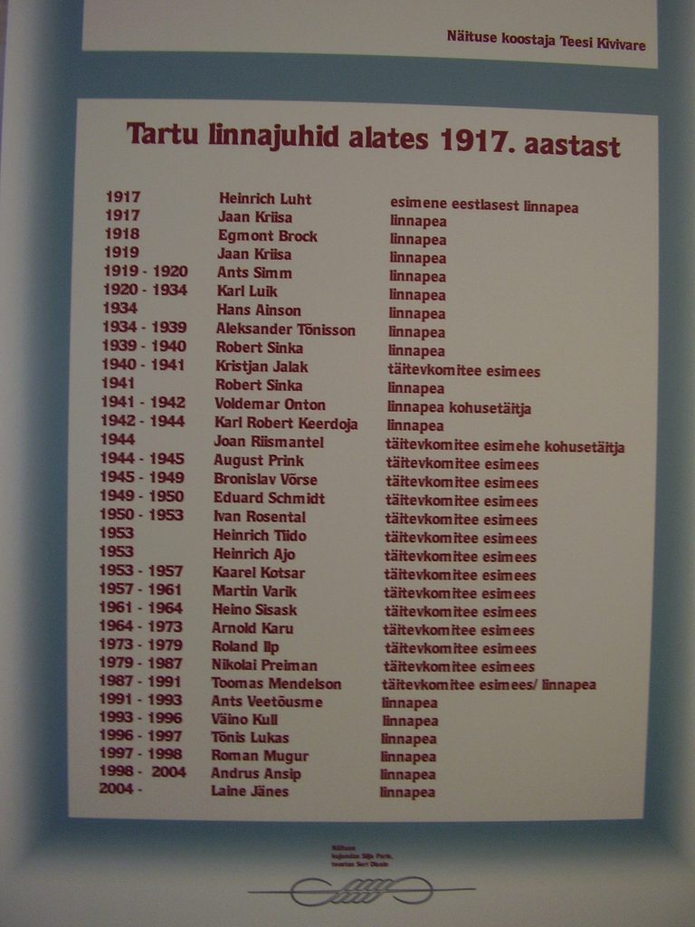 Näitus, Tartu linnapea Aleksander Tõnisson. Linnajuhtide nimekiri alates 1917. aastast. Tartu, 2006.