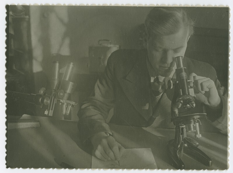 Tallinna Tehnikaülikooli keemia-mäe teaduskonna üliõpilane A. Kitsnik geoloogia laboratooriumis praktikal, 1940.a.