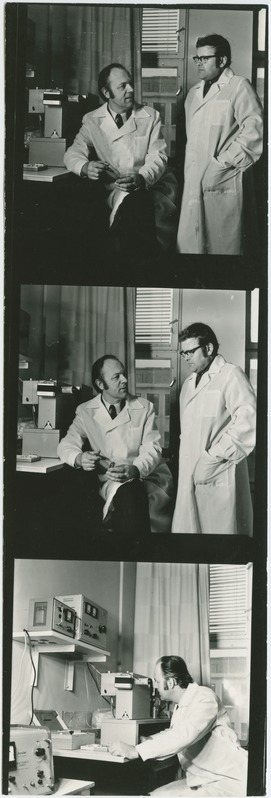 TPI anorgaanilise keemia kateedri prof. Mihkel Veiderma ja tehnikateaduste kandidaat Meeme Põldme tööprobleeme arutamas, 5.veebr. 1976