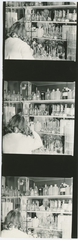 TPI anorgaanilise keemia kateeder, aspirant Juta Põldre (seljaga) töötamas, taustal prof. Mihkel Veiderma, 5.veebr. 1976