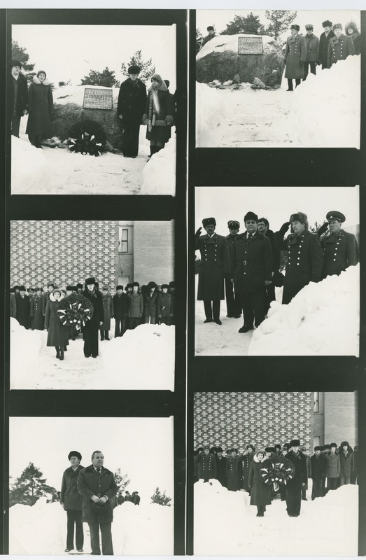 Pärja asetamine sõjaohvrite mälestuskivi juurde TPI õuel, 23.veebr. 1977.a.