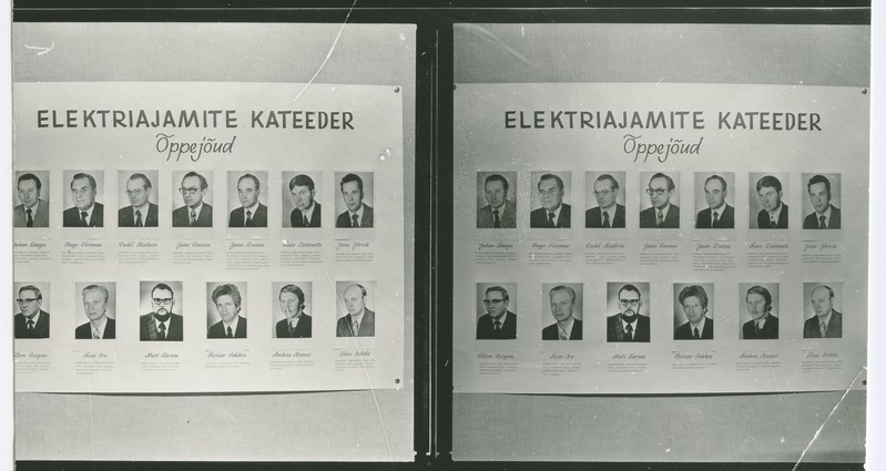 TPI elektriajamite kateedri õppejõudude autahvel fotodega, 29.nov. 1976.a.