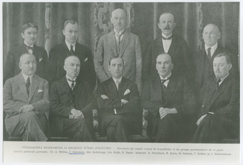 Tööerakonna Keskkomitee ja Riigikogu rühma juhatused, grupipilt, 1.reas vasakult: 1) dr. A. Mõttus, 2) J. Annusson, 3) A. Anderkopp, 4) J. Kukk, 5) K. Baars; 2.reas: 1) A. Schulbach, 2) R. Kuris, 3) M. Juhkam, 4) T. Kalbus, 5) J. Zimmermann, 1923.a.