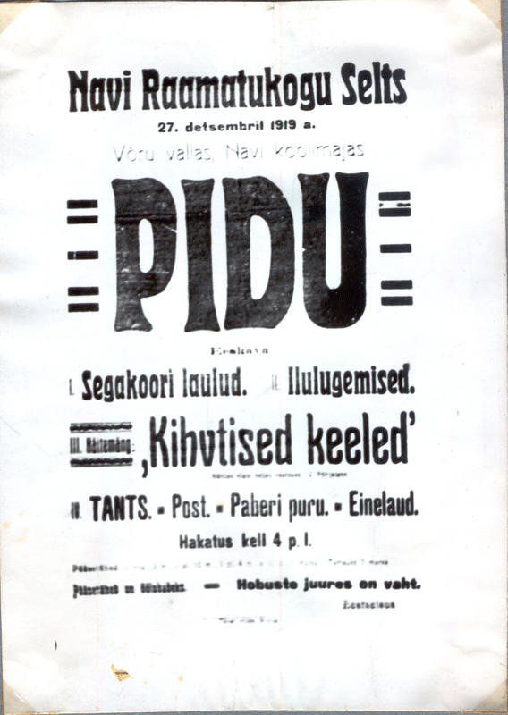 Fotoalbum. Navi küla kultuurielu. Navi Raamatukogu Seltsi korraldatud peo kuulutus 27. detsembril 1919.a.