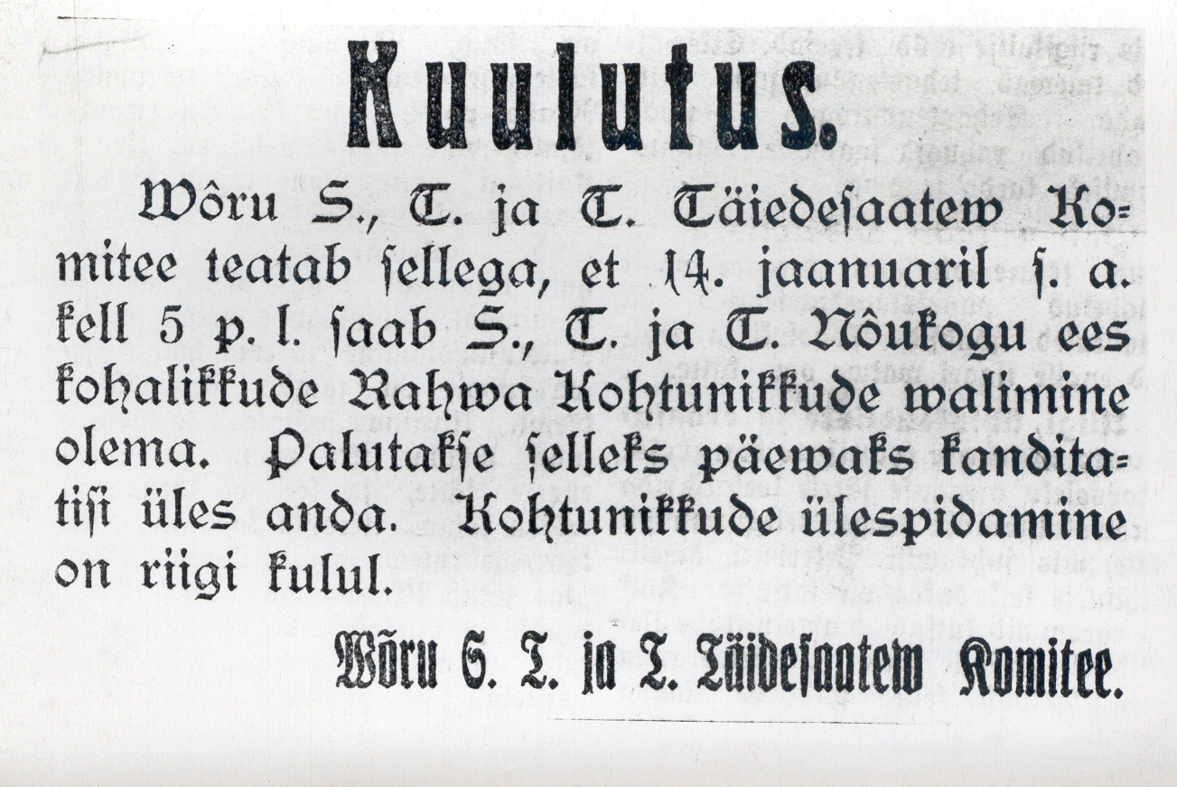 Foto. Artiklist "Kuulutus", Võru STT TK-lt, "Rahva Hääles" 1918.a.