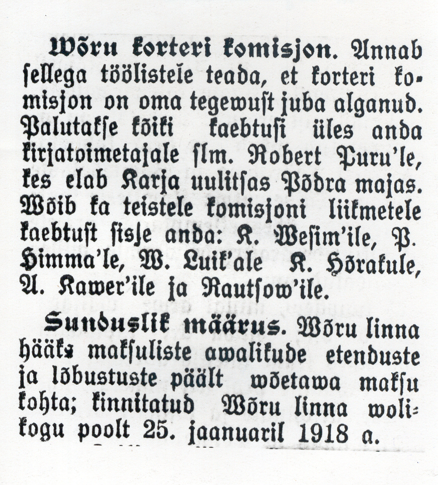 Foto. Artiklist "Wõru korterikomisjon" ja "Sunduslik määrus", "Rahva Hääl" nr. 18, 1918.a.