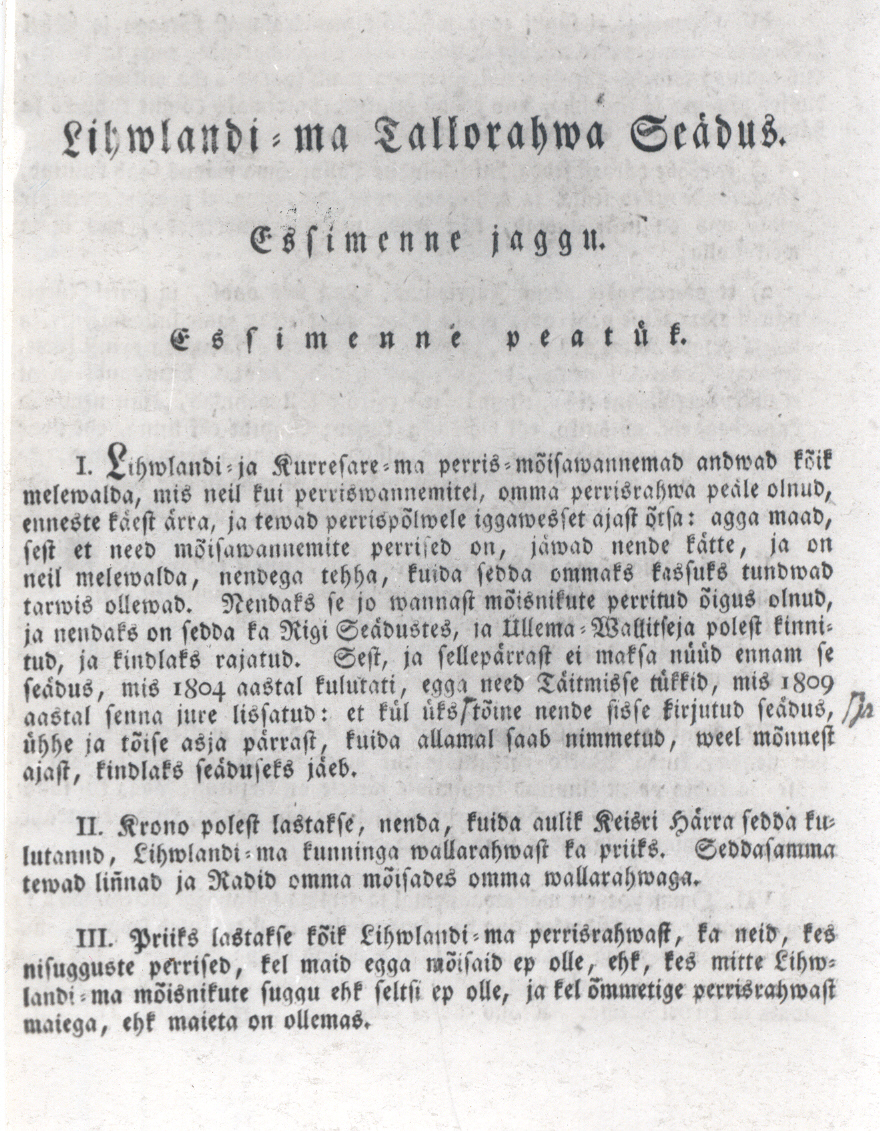 Foto. Lihwlandi-ma Tallorahwa Seadus. Essimenne jaggu, lk. 3. Tato Linnas, 1820.