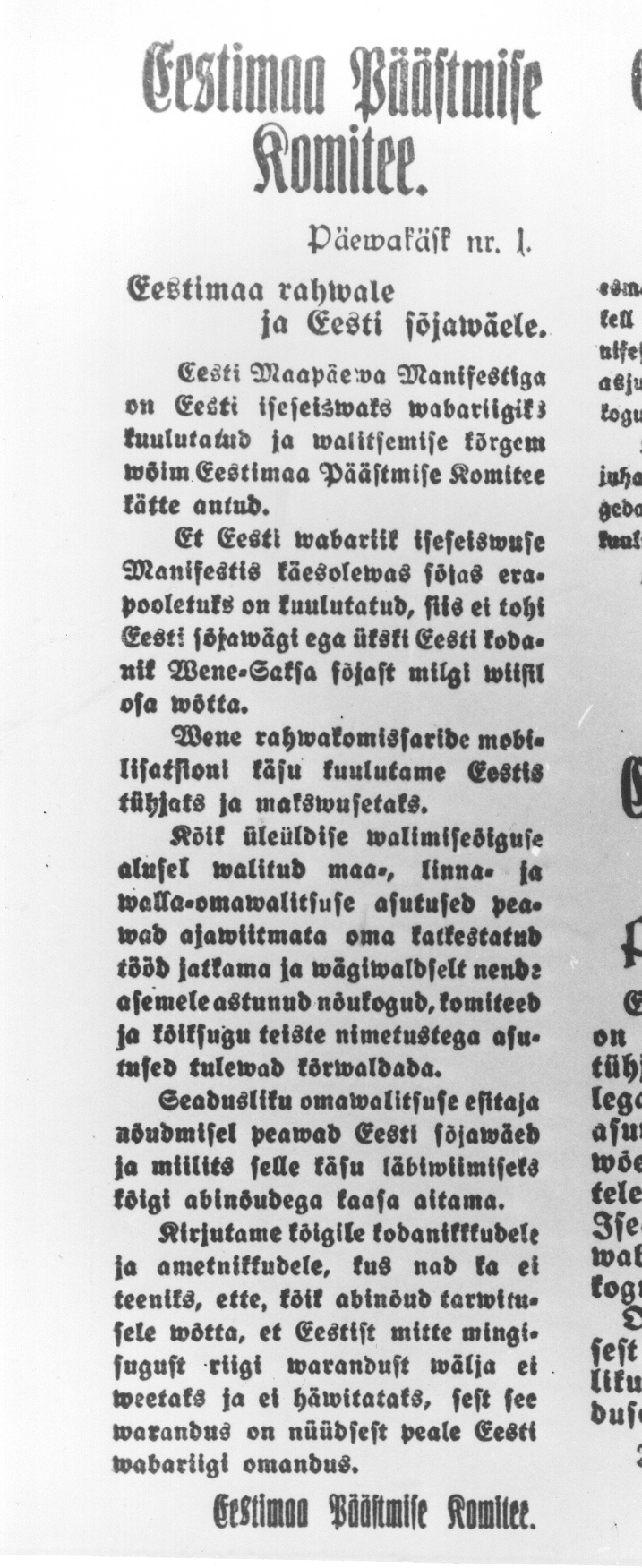 Foto. Eestimaa Päästekomitee Päevakäsk nr. 1