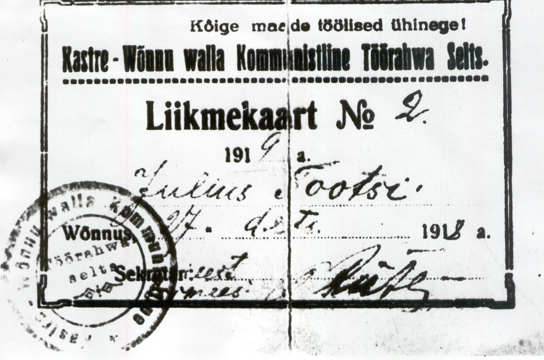 Fotokoopia dokumendist. Kastre - Võnnu valla Kommunistliku Töörahva Seltsi liikmekaart nr. 2.