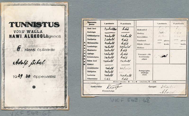 Fotoalbum.  Navi algkool. Navi algkooli VI klassi õpilase Sibul , Adolfi 1929/30.õ.a. tunnistuse esikülg.
