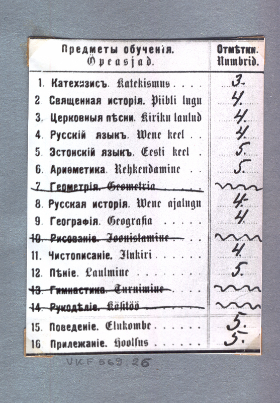 Fotoalbum. Navi algkool. Õppeainete loetelu vene ja eesti keeles koos hinnetega 1911/1912.õppeaasta