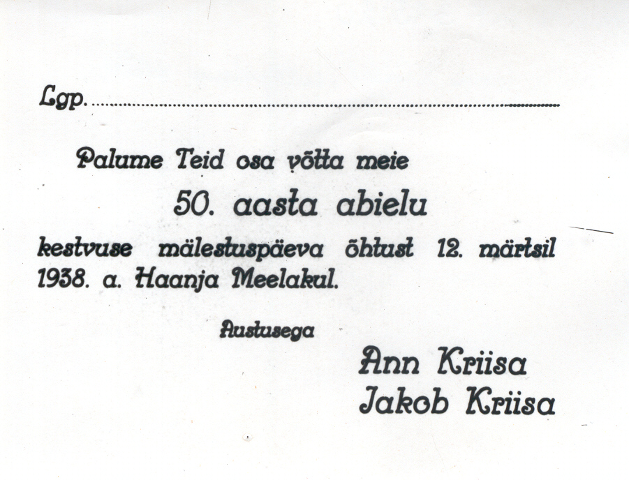 Foto. Ann ja Jakob Kriisa "kuldpulma" kutse.