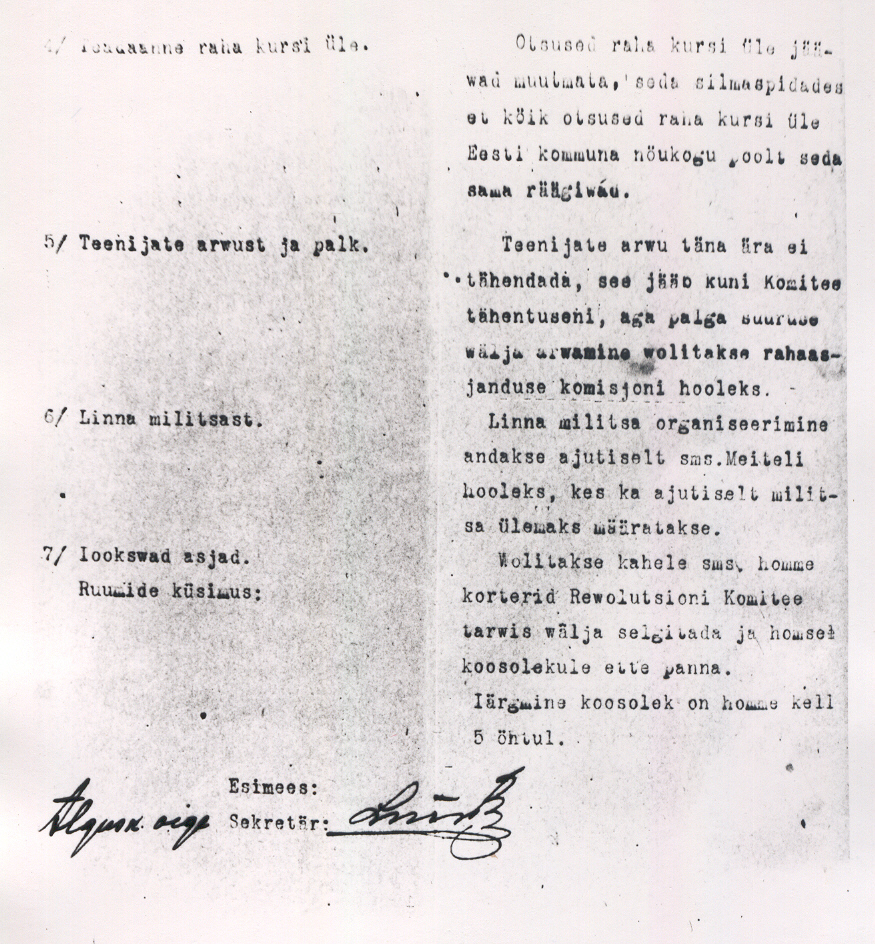 Foto. Protokoll nr.3 , Ajutise  Sõja-Revolutsiooni Komitee koosoleku 12. detsembril 1918.a.Lk. 2. Ärakiri.