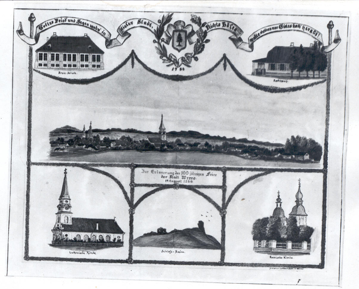 Foto. R. Dahli joonistusest "Võru 1784. - 1884.a." Linnavaateid.