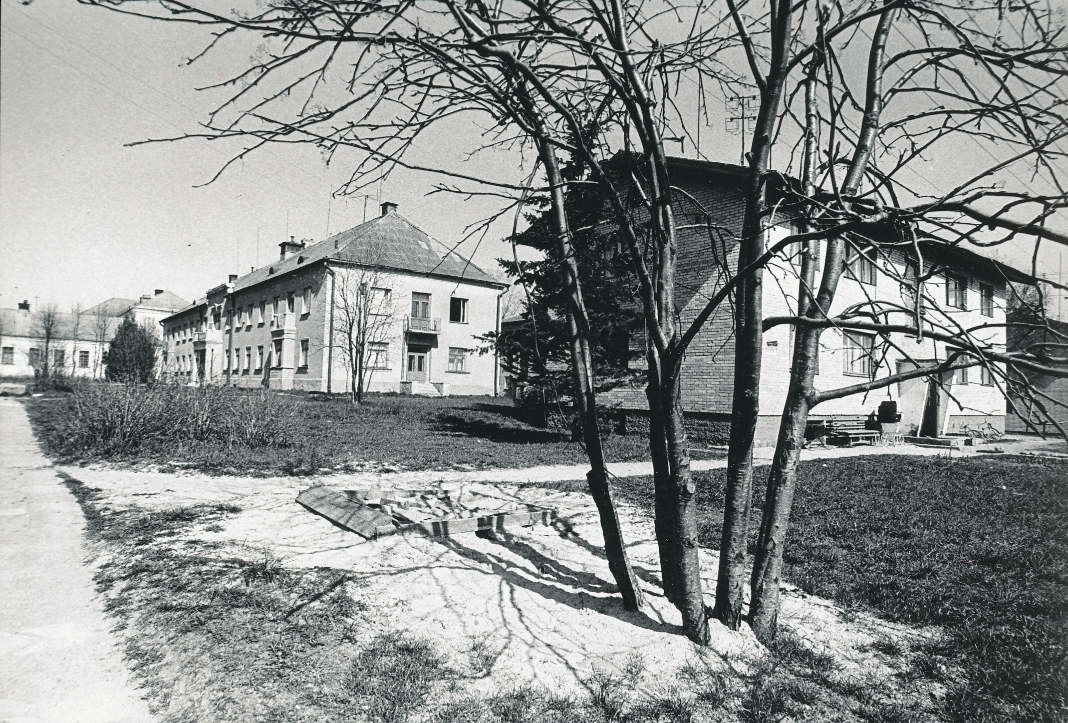 Foto. Väimela Näidissovhoostehnikumi elumaja Matussaare teel ja ühiselamu nr. 1.-mais 1981.a.