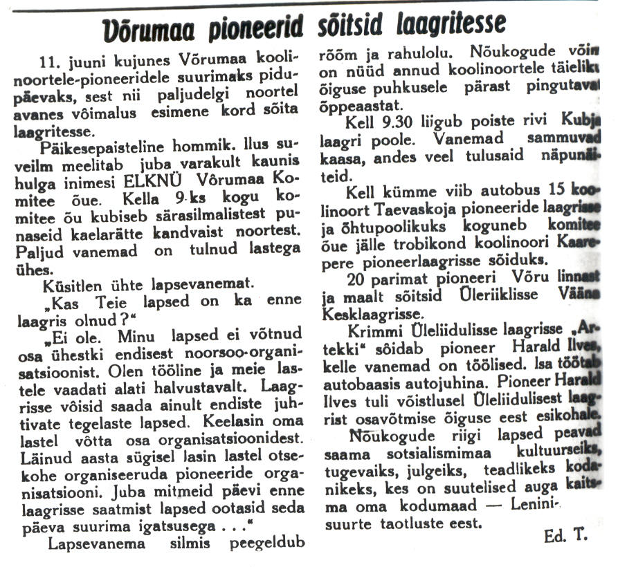Foto. Artikkel " Võrumaa pioneerid sõitsid laagritesse","Töörahva Elu", 1941.a.,17. juuni, nr. 67