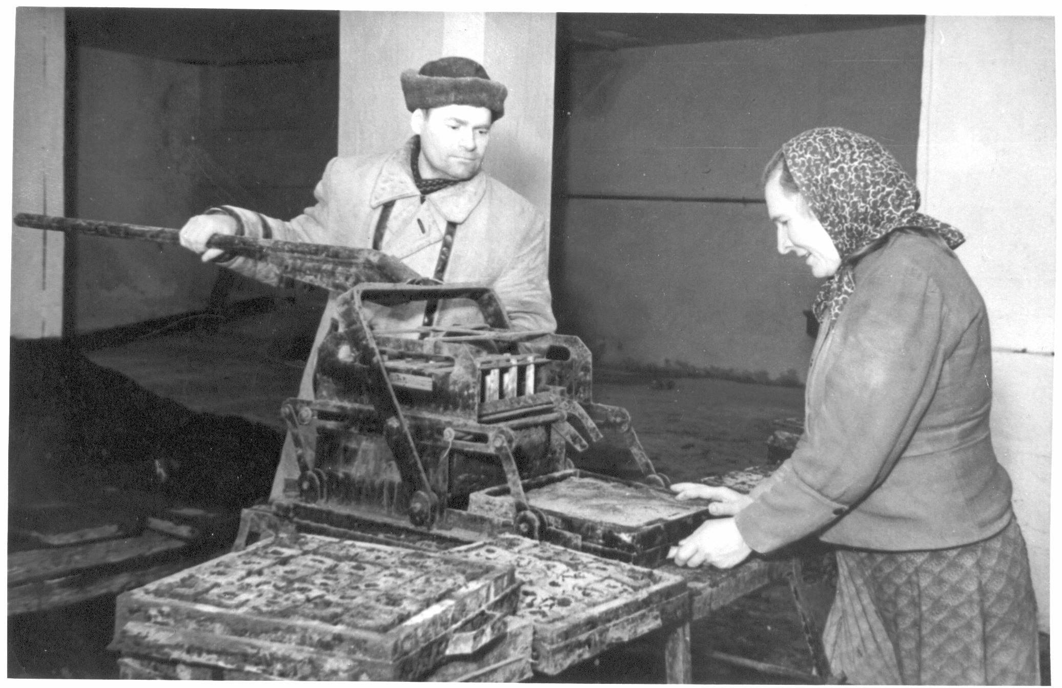 Foto. Põlva rajooni Mooste sovhoosi köögiviljakasvatuse brigaadir A. Joonasson ja tööline E. Nõmme toitekuubikuid valmistamas 28.veebruaril 1955.a.