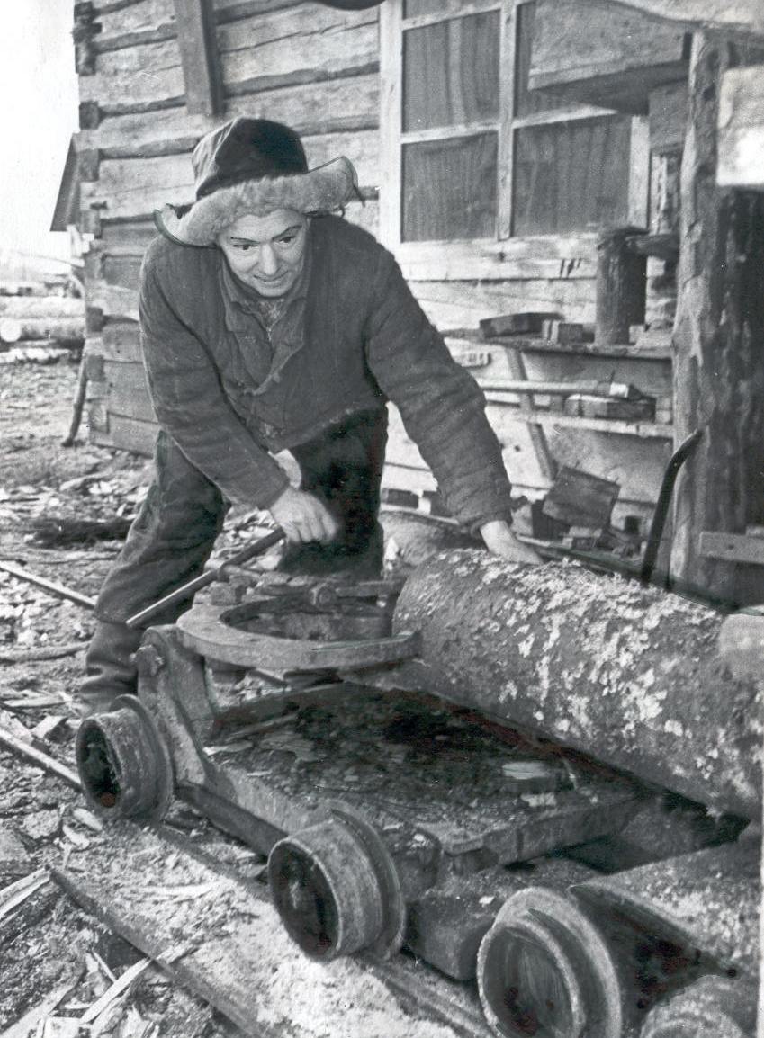 Foto. Männiste, Karl - K. Marxi nim. kolhoosi ehitusbrigaadi liige palke saagimas.