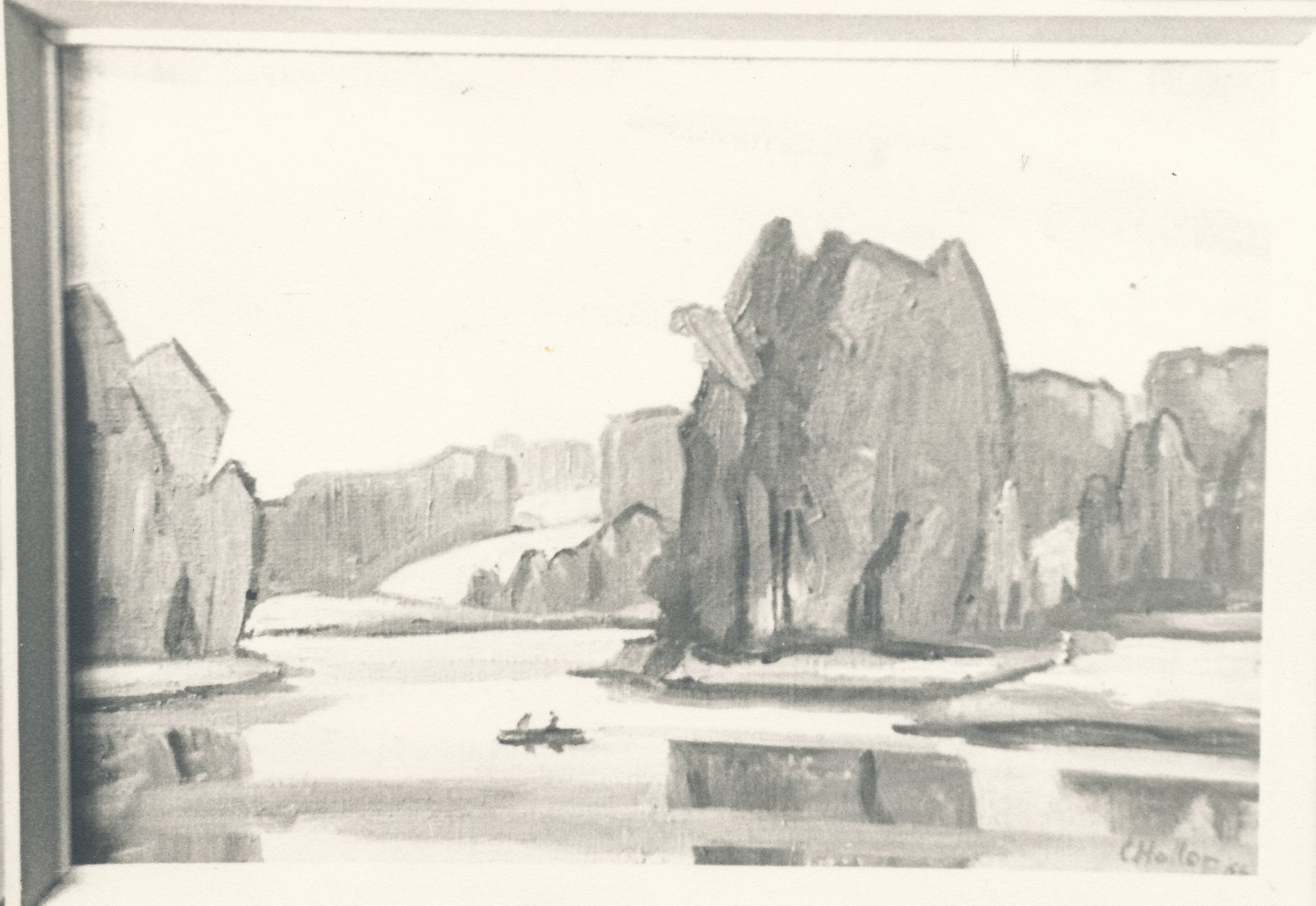 Foto. Kunstnik Ernst Hallopi õlimaal "Maastik järve ja paadiga" 1966.a.