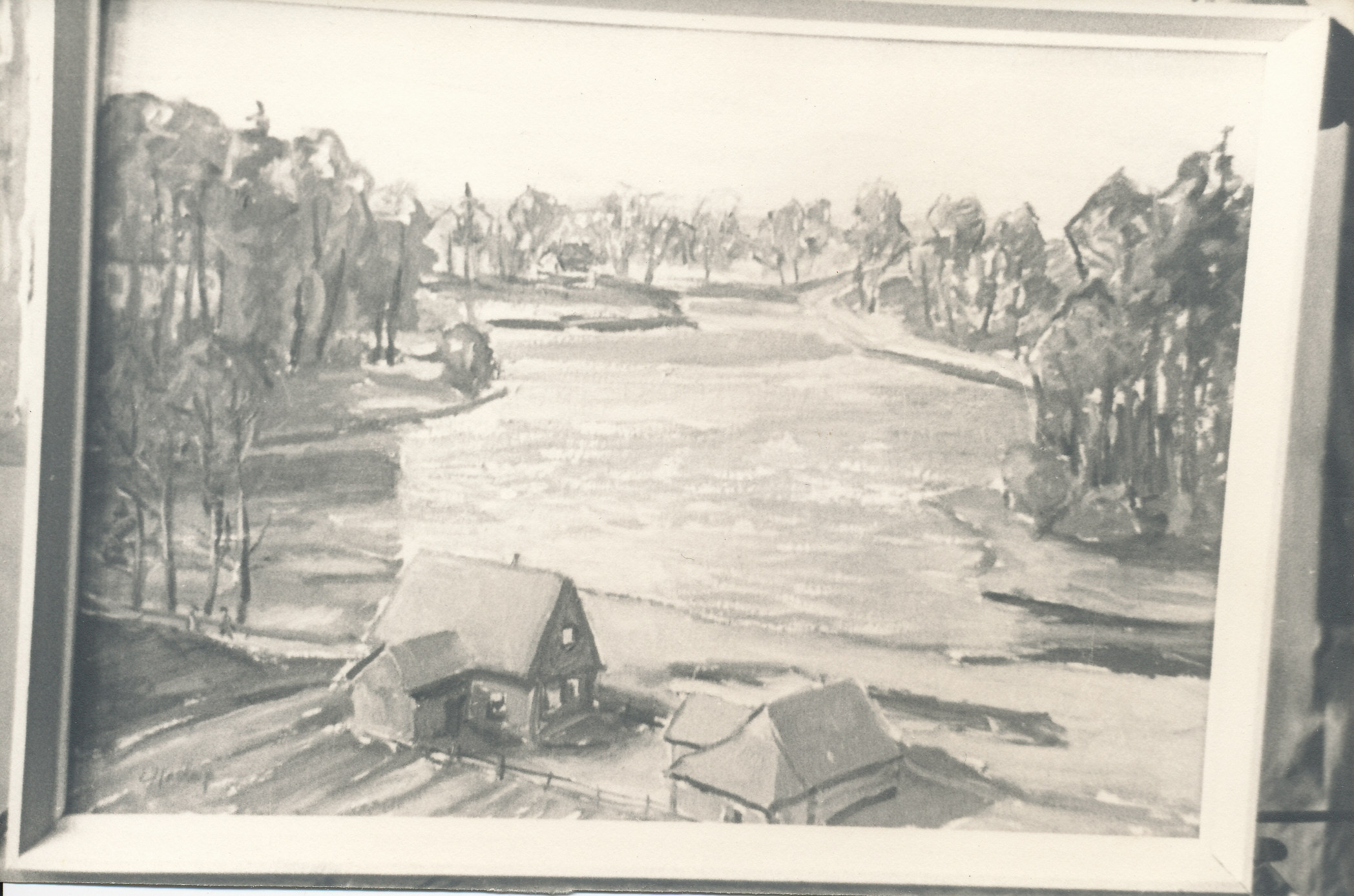 Foto. Ernst Hallopi pastellmaal "Maastik järve ja majadega"