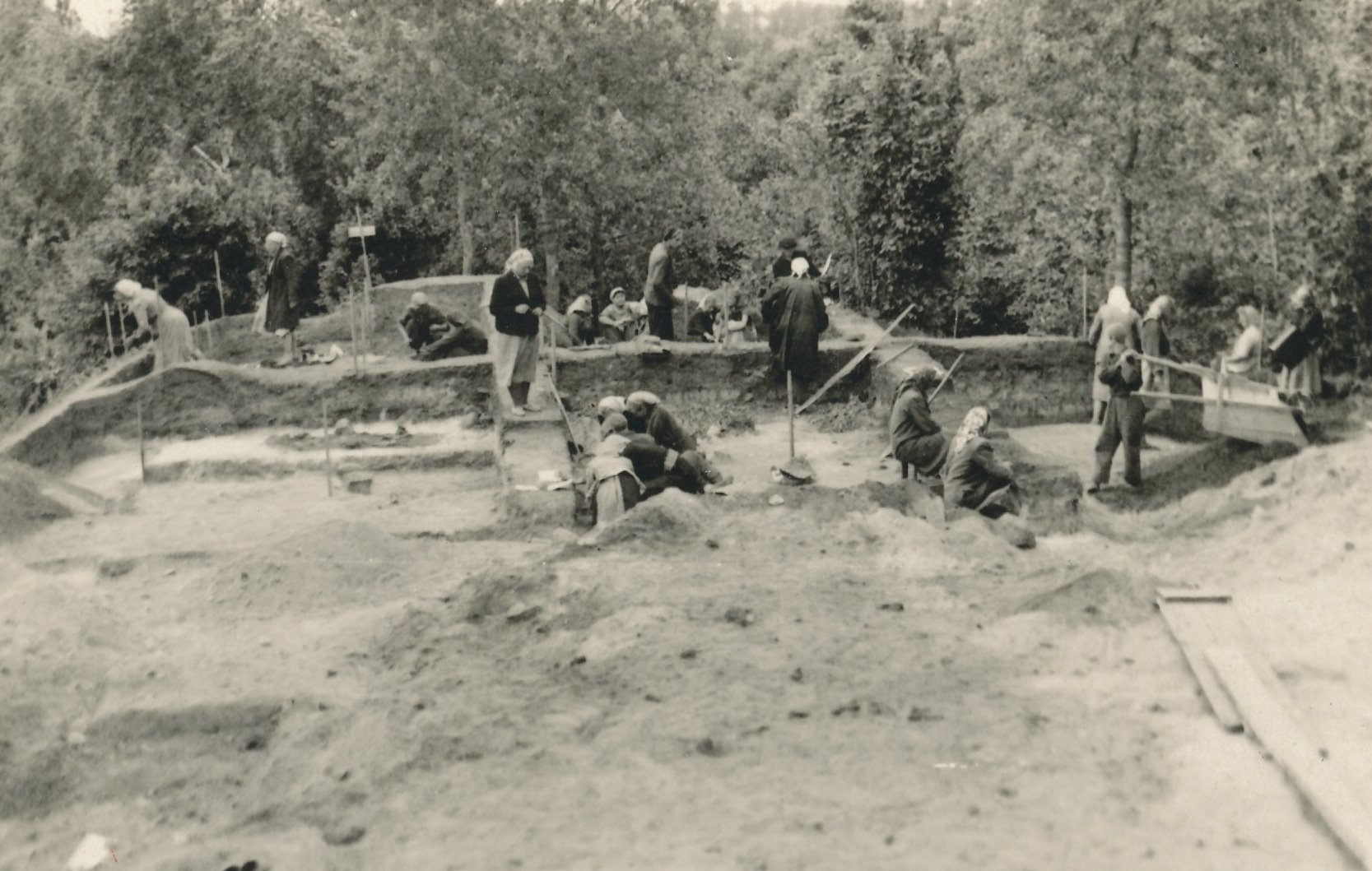 Foto. Rõuge linnuse arheoloogilistel kaevamistel. Linnuse lääneotsa kaevamine 1956.a.