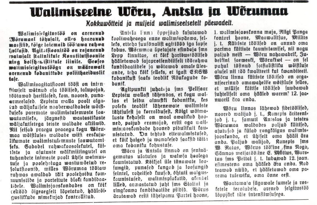 Foto. Artikkel "Valimiseelne Võru, Antsla ja Võrumaa", "Töörahva Elu", 1941.a., 10.jaan., nr.4