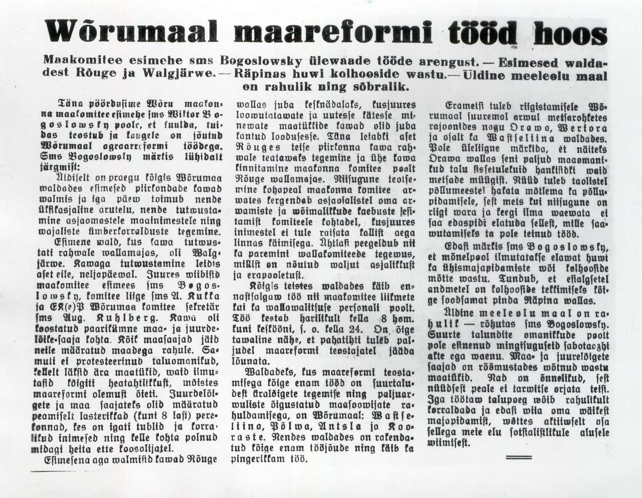 Foto. Artikkel "Võrumaal maareformi tööd hoos", "Töörahva Elu", 1940.a., 11.okt. nr. 23.