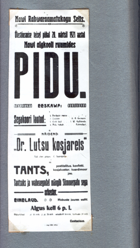 Fotoalbum. Navi küla kultuurielu.  Navi Raamatukogu Seltsi peo kuulutus 28. märtsil 1921.a.