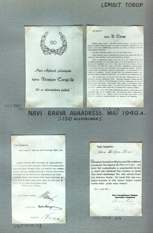 Fotoalbum. Navi algkool. Tervituskiri  Kristjan  Toropile 25. ametijuubelil Võru Maakooli Valitsuselt 10.märtsil 1932.a.
