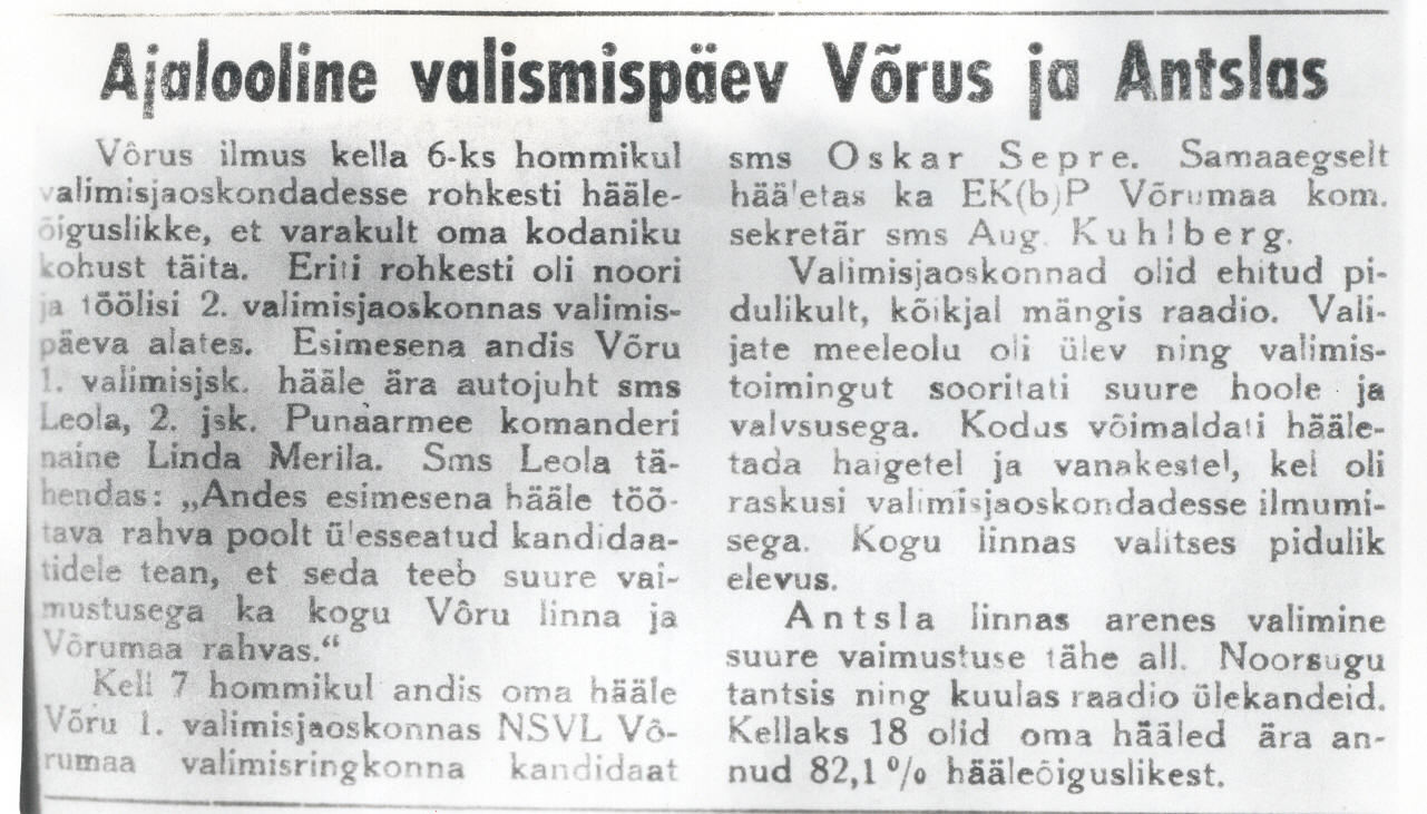 Foto. Artikkel "Ajalooline valimispäev Võrus ja Anmtslas","Töörahva Elu", 1941.a., 13.jaan. ,nr.5