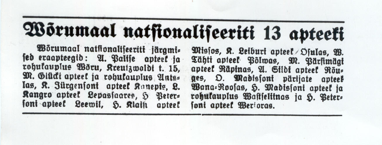 Foto. Artikkel "Võrumaal natsionaliseeriti 13 apteeki", "Töörahva Elu", 1940.a., 11.okt., nr. 23, lk.3.