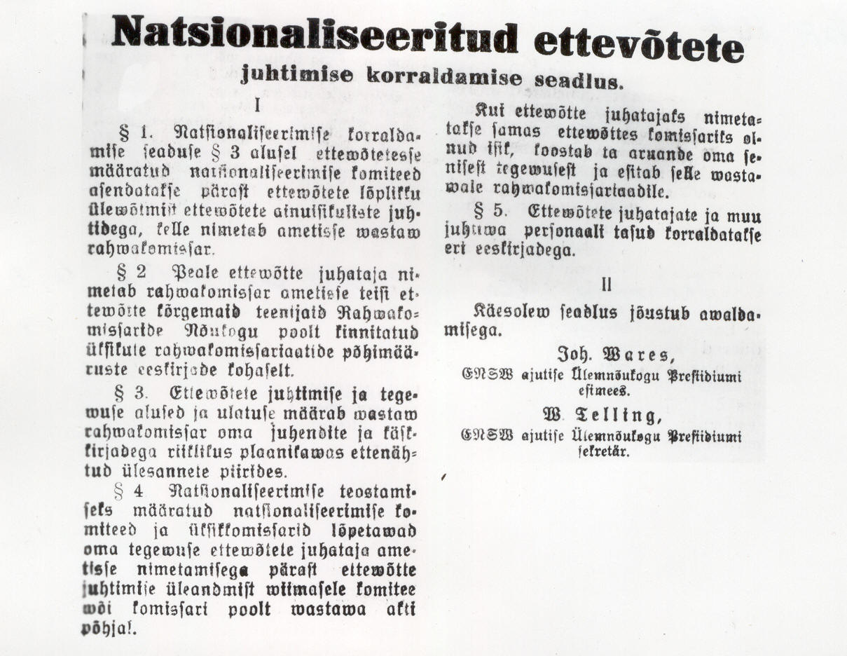 Foto. Artikkel " Natsionaliseeritud ettevõtete juhtimise korraldamise seadus", "Töörahva Elu", 1940.a.,2.okt. ,nr.19.