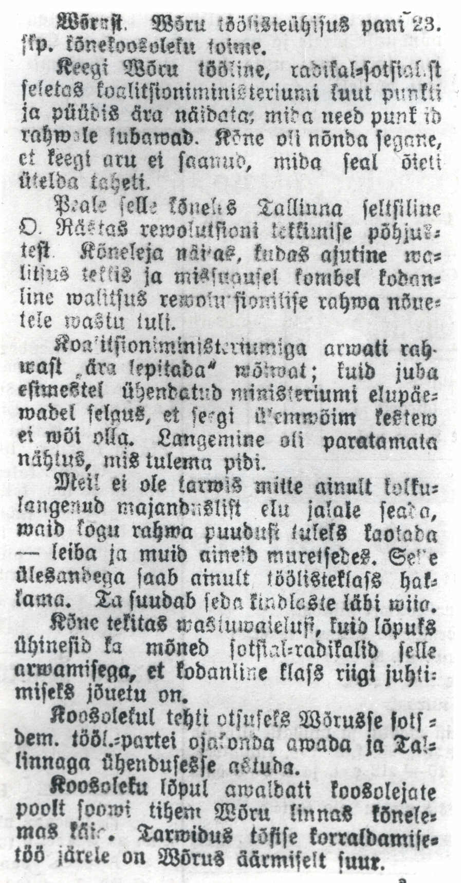 Foto. Artiklist "Võrust. Võru töölisteühisus pani 23.skp. kõnekoosoleku toime", "Kiir", nr. 52, 30.mai 1917.a.