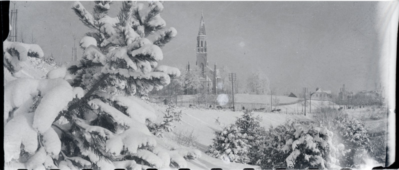 fotonegatiiv, Viljandi, vaade Vaksali tn, Pauluse kirik, talv 1934? F: T. Parri