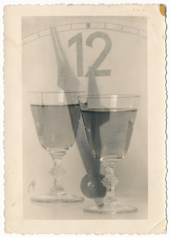 postkaart uusaastakaart, kell ja 2 pokaali, 1931 foto H. Riet
