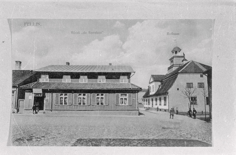 negatiiv, koopia fotost, Viljandi, vana raekoda ja Sprohge hotell, 1910ndad