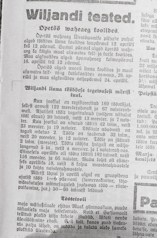 negatiiv, Viljandi teated ajalehest Oma Maa, 1930ndate algus