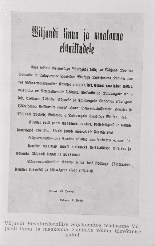 negatiiv, Viljandi Revolutsioonilise Sõjakomitee teadaanne elanikele võimu ülevõtmise kohta, 1917