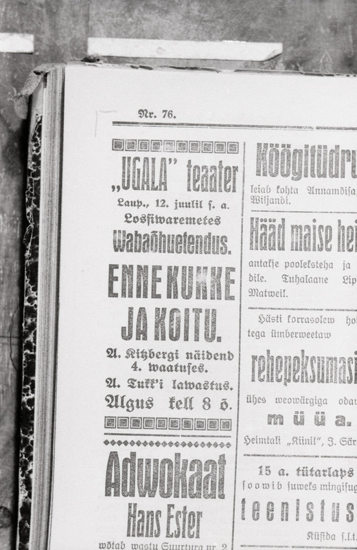 negatiiv, Viljandi, Ugala kuulutus "Enne kukke ja koitu", 1930ndad