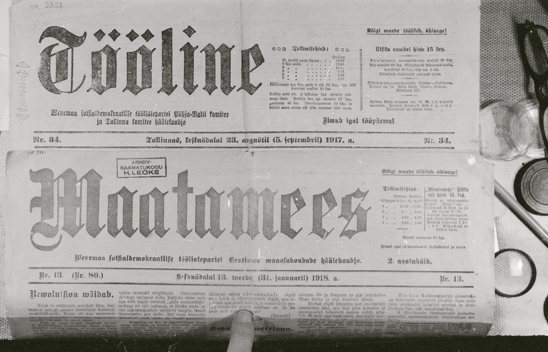 negatiiv, ajaleht "Tööline" nr. 34 23.08.1917 (osa esilehest), kaastöötaja Hans Pöögelmann