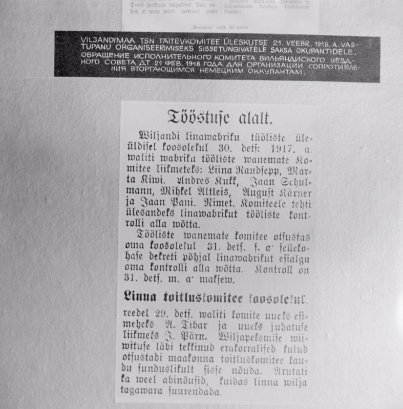 negatiiv, Viljandi Tööliste-Saadikute Nõukogu Täitevkomitee üleskutse, 21.02.1918