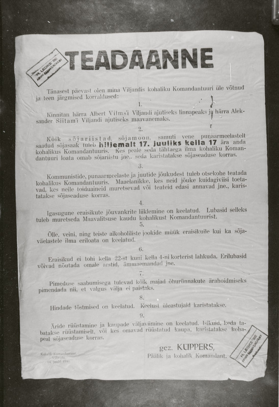 negatiiv, Viljandi komandandi teadaanne, 1941 juuli