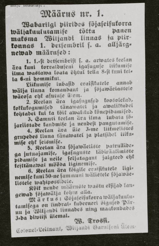 negatiiv, Viljandi garnisoni ülema määrus, 01.12.1924