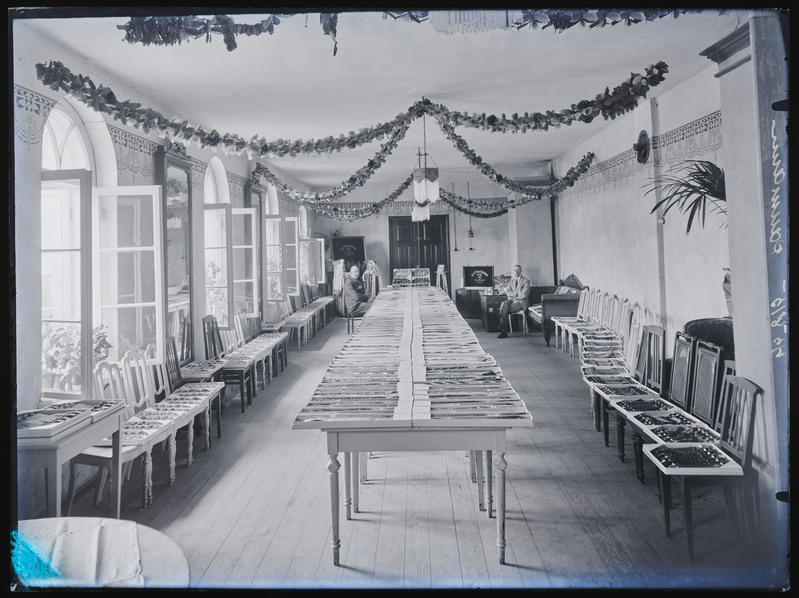 negatiiv Viljandi, Tallinna tn 3, saal, näitus P. Bacmann'i kaelasidemed, foto J. Riet, neg 45815, 1926
