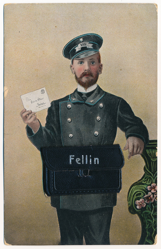 trükipostkaart albumis, kirjakandja, kotis Viljandi vaated (10) u 1910, kirjastaja E. Ring, koloreeritud