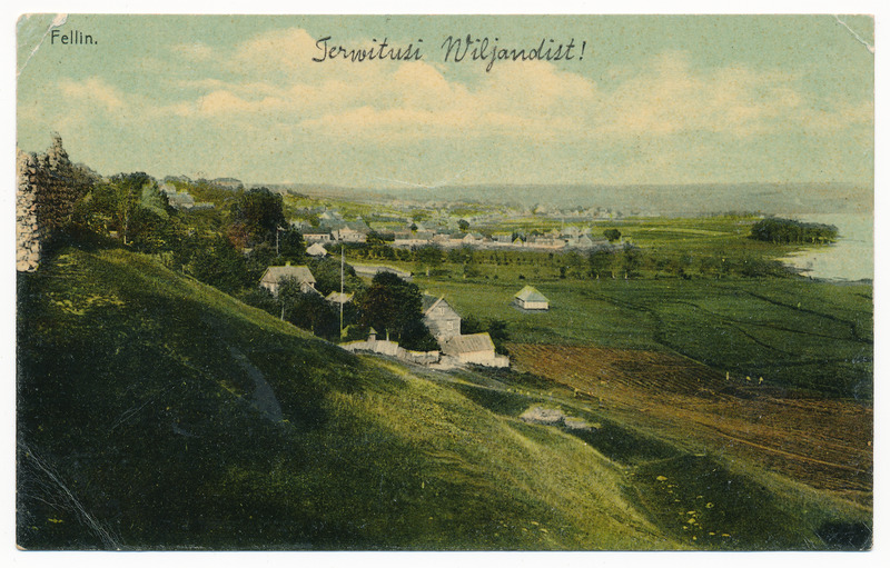 trükipostkaart albumis, Viljandi, vaade lossimägedest linnale, järvele u 1910, kirjastus E. Ring, koloreeritud