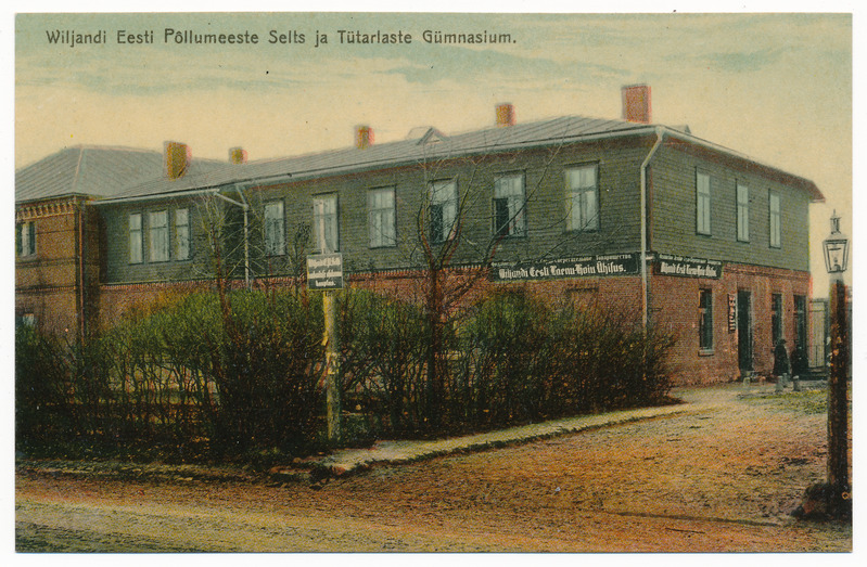 trükipostkaart albumis, Viljandi, põllumeeste seltsi maja (Jakobsoni tn 42), u 1910, kirjastus E. Ring, koloreeritud (kool hoones 1908-st)