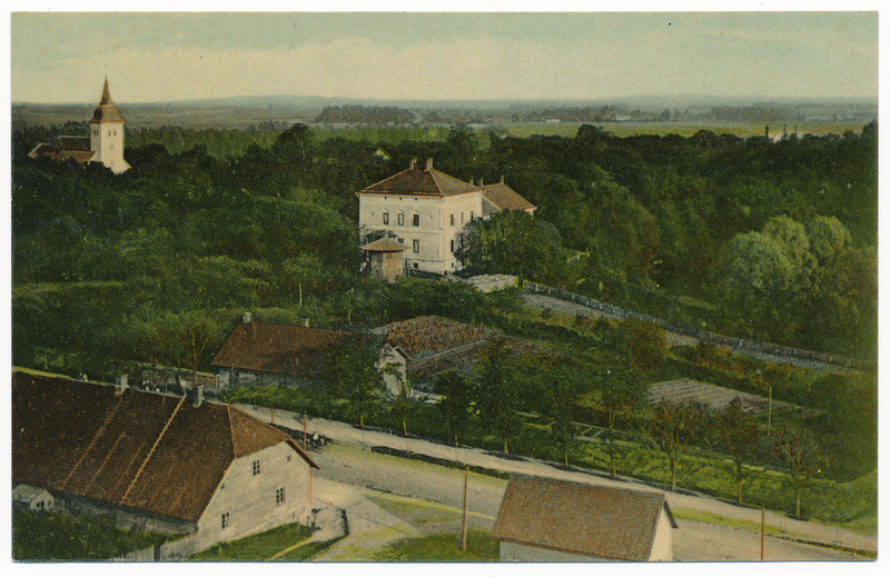 trükipostkaart albumis, Viljandi, vaade Pauluse kiriku tornist mõisa peahoone poole u 1910, kirjastus E. Ring, koloreeritud