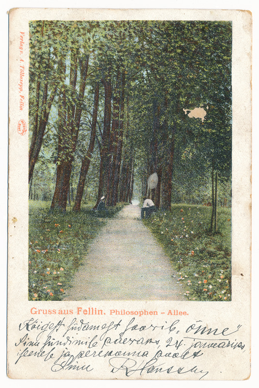 trükipostkaart albumis, Viljandi Filosoofia pst u 1900, kirjastaja A. Tõllasepp, koloreeritud