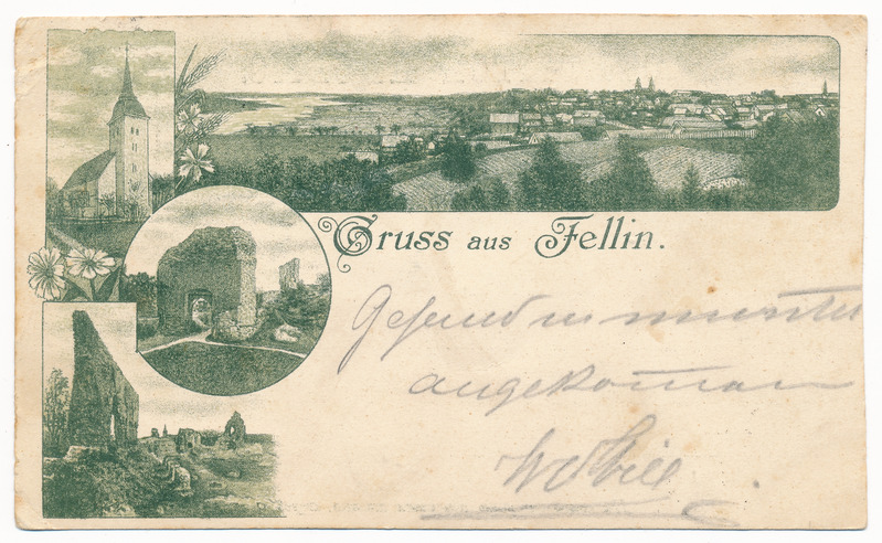 trükipostkaart albumis, Viljandi 4 vaadet: lossimäed, üldvaade, Jaani kirik u 1899